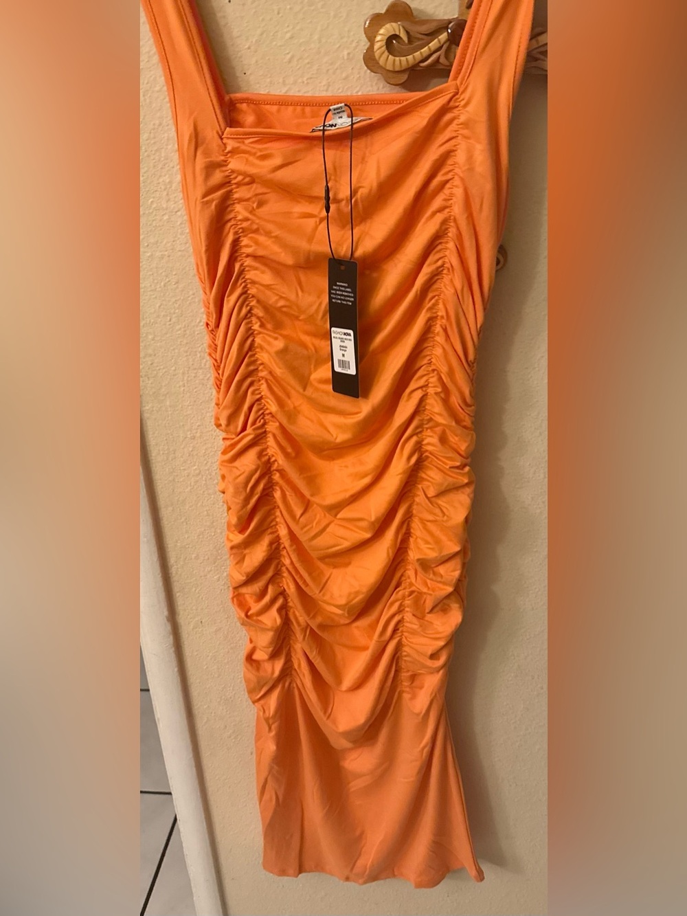 Fashion Nova Orange Ruched Midi Dress